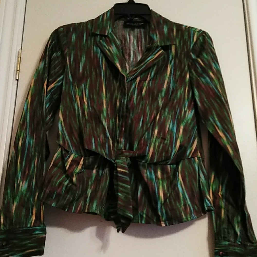 NEW JONES NEW YORK Peplum Blouse Shirt Green Brown Aqua Lady's Small Petite